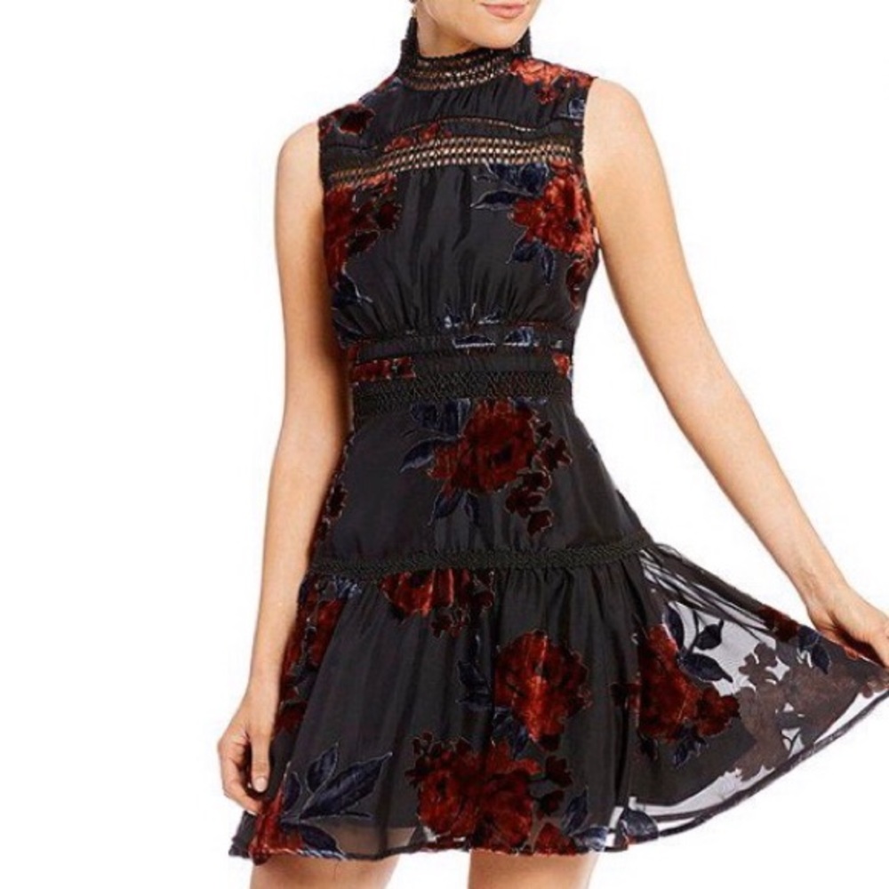 Gianni Bini Black and Red Floral Dress Size Small Velvet Sheer Burnout Goth Glam